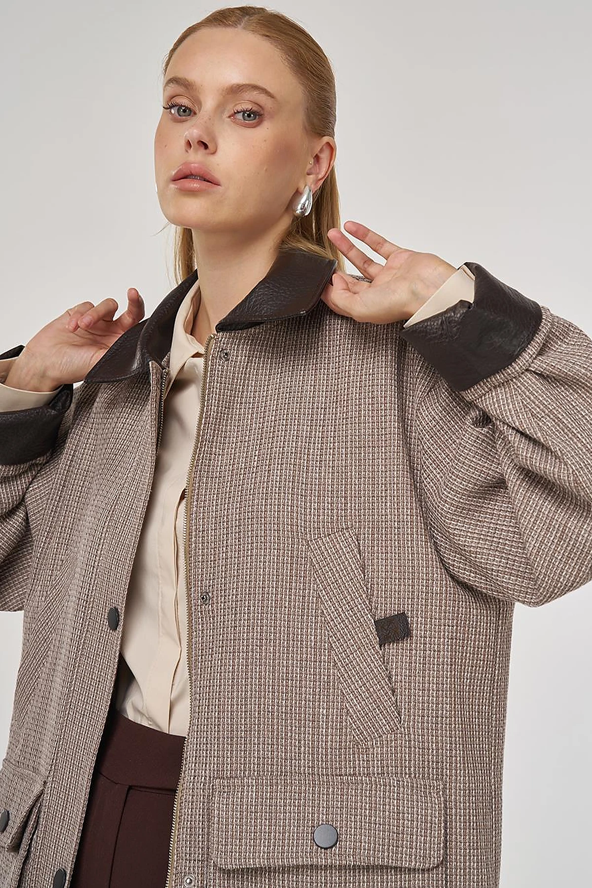 Shirt Collar Cotton Linen Jacket Mink