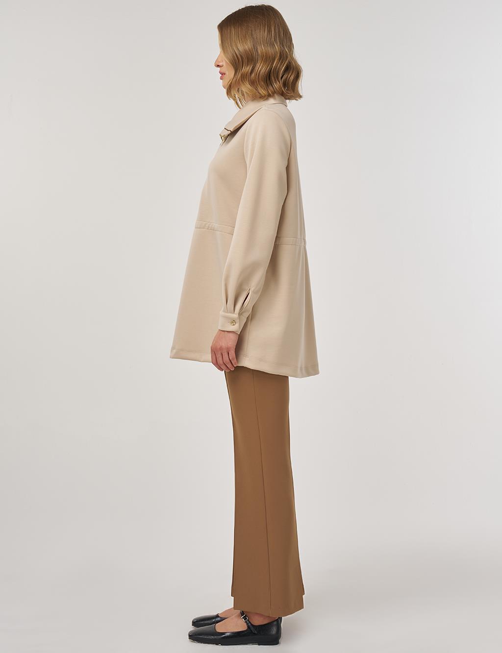 Bel Büzgülü Scuba Sweatshirt Açık Bej