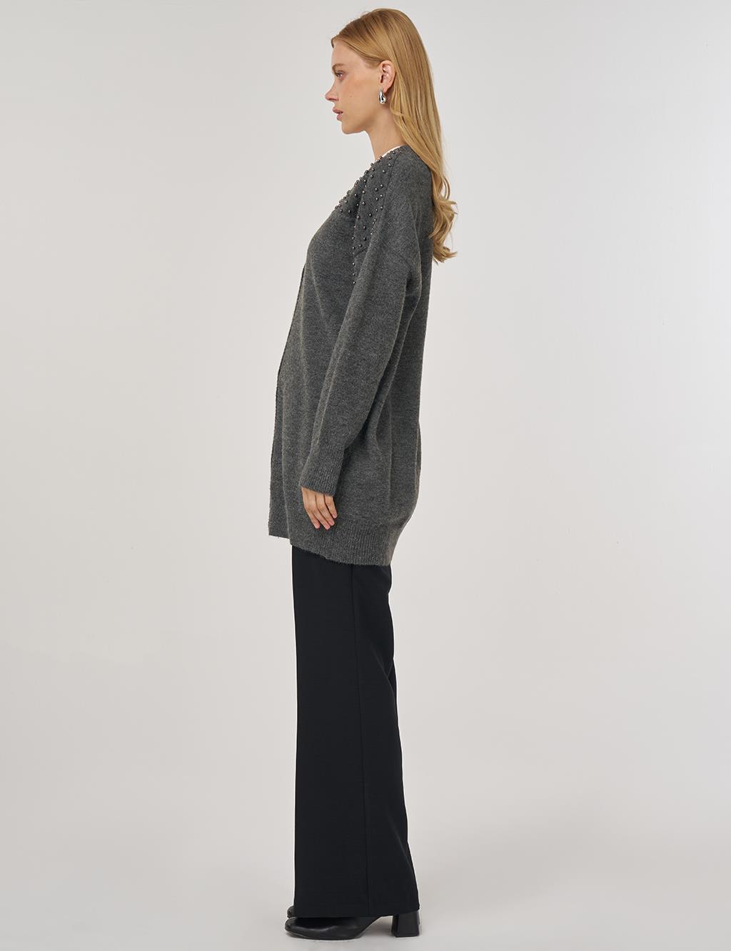 Bead-Embellished Knit Cardigan Anthracite
