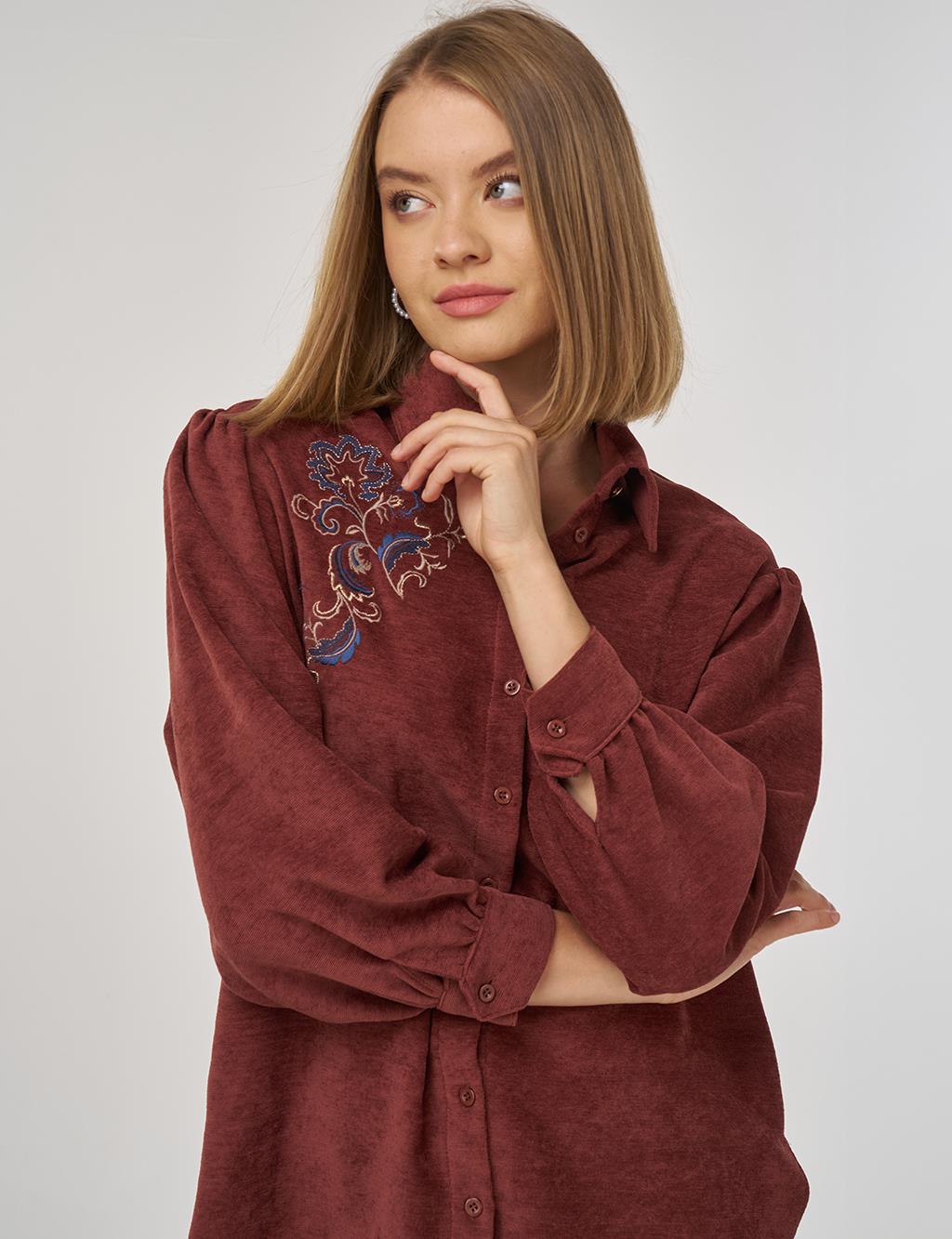 Embroidered Velvet Blouse Dark Brown