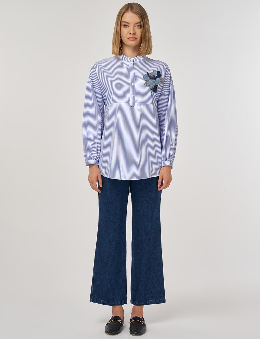 Embroidered Appliqué Cotton Mandarin Collar Tunic Blue