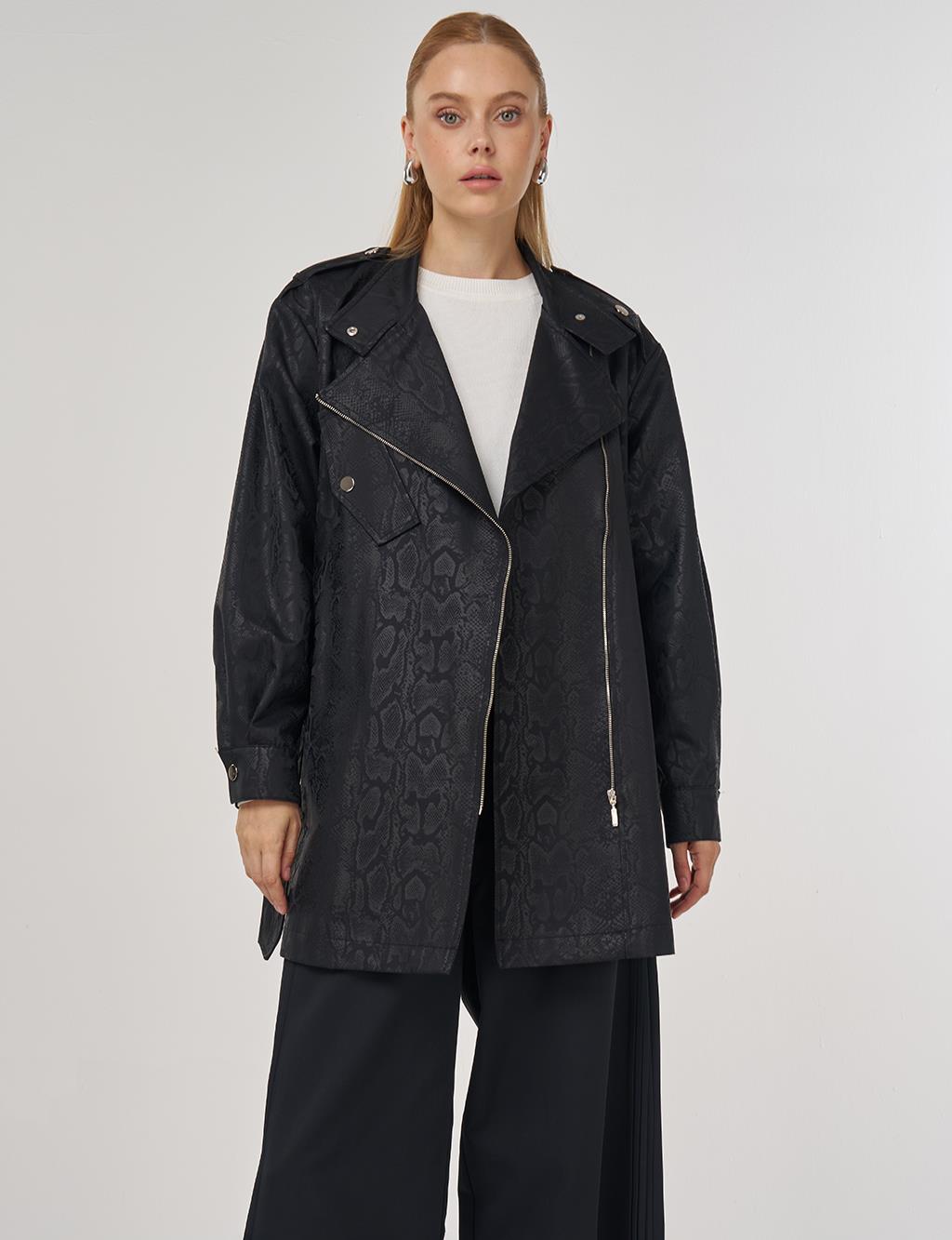 Snake Print Buckle Detail Jacket Black