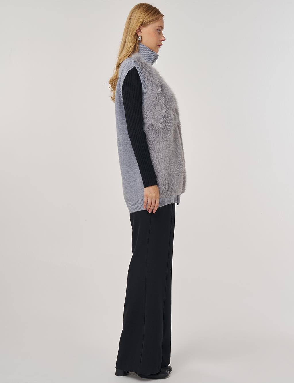 Fur-Trim Knit Vest Gray