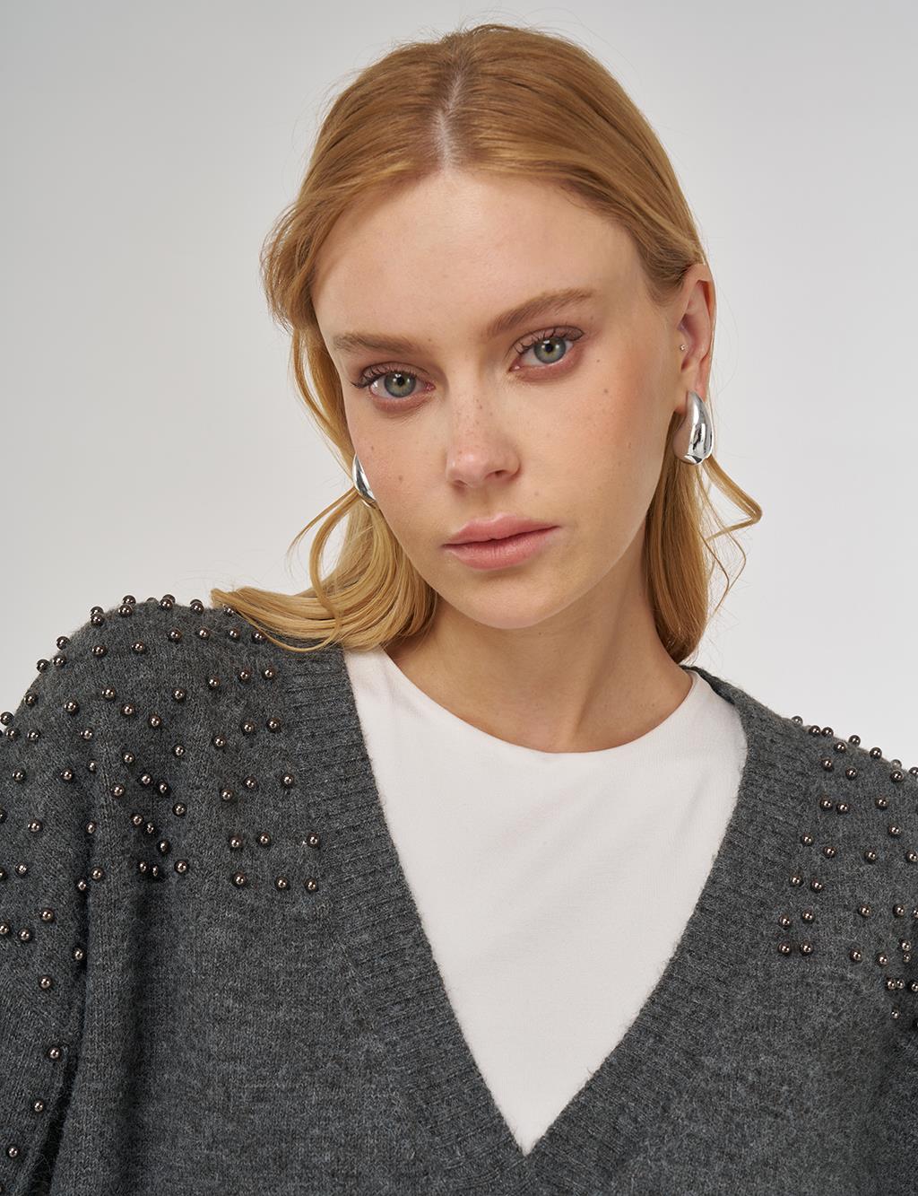 Bead-Embellished Knit Cardigan Anthracite