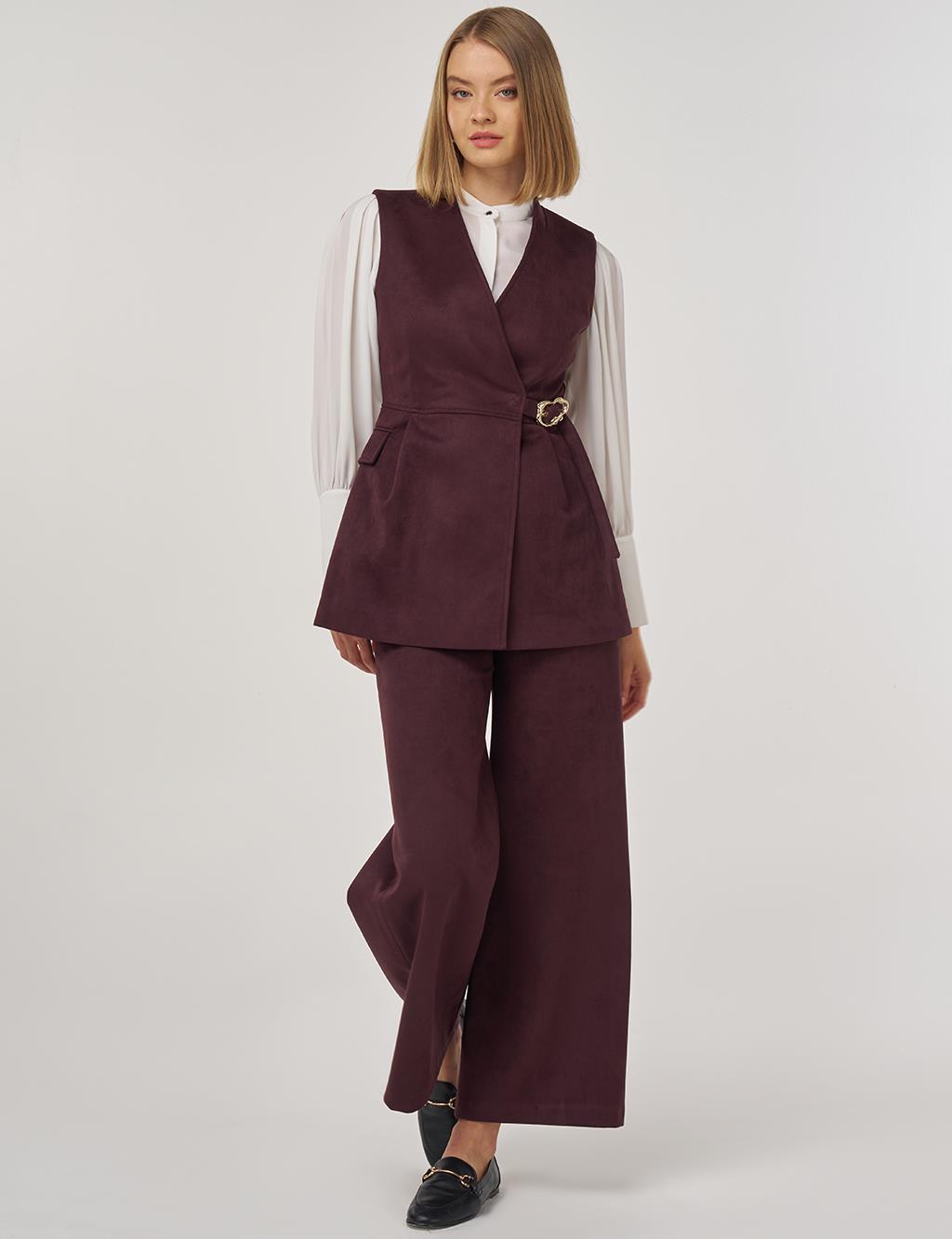 Buckle Detailed Suede Two-Piece Suit Dark Burgundy