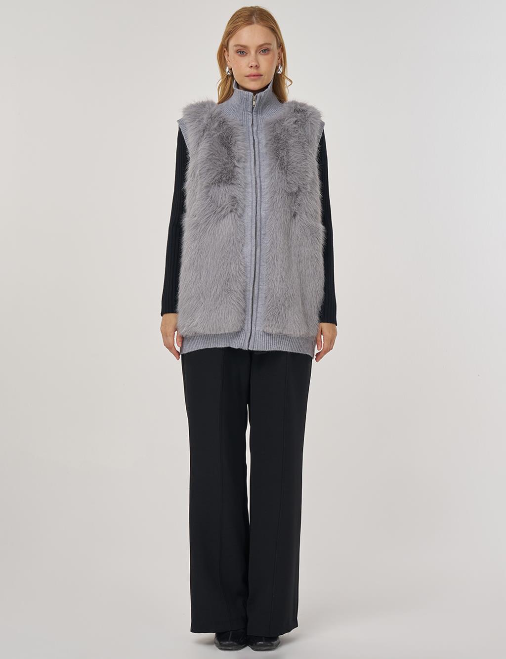 Fur-Trim Knit Vest Gray