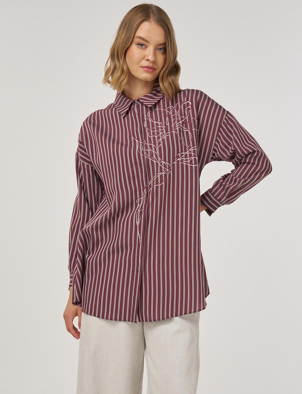 Çizgi Desen Viskon Tunik Koyu Bordo