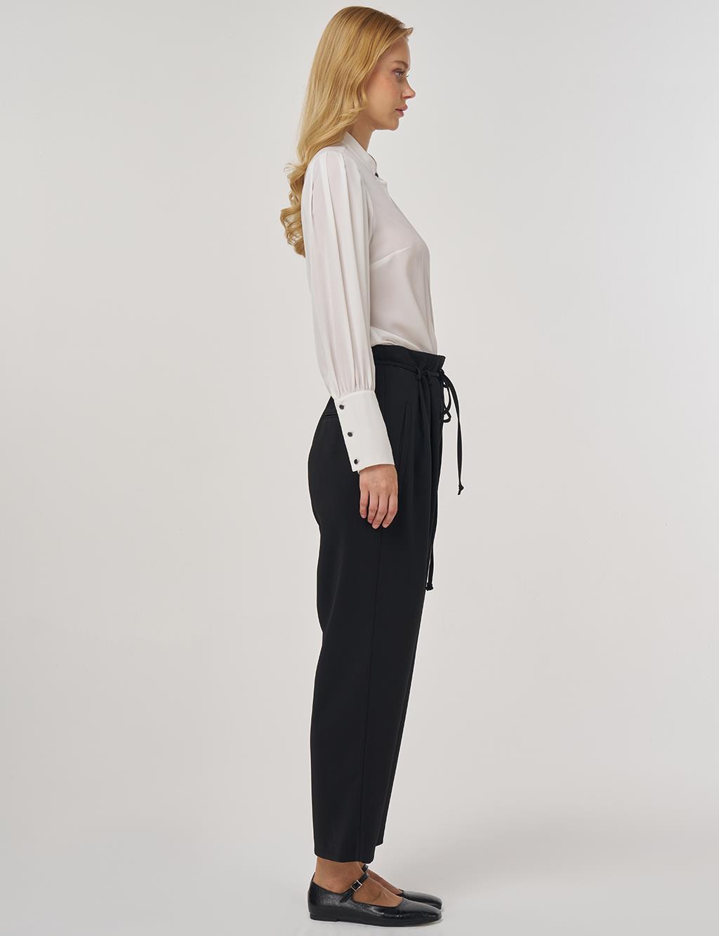 Pileli Bağcık Kemerli Boru Paça Pantolon Siyah