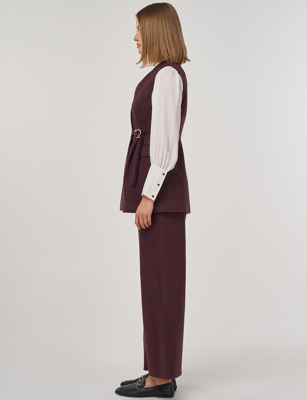 Buckle Detailed Suede Two-Piece Suit Dark Burgundy