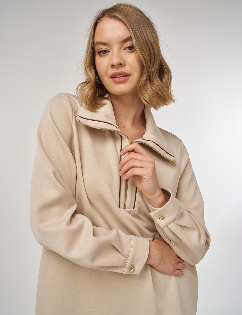 Bel Büzgülü Scuba Sweatshirt Açık Bej