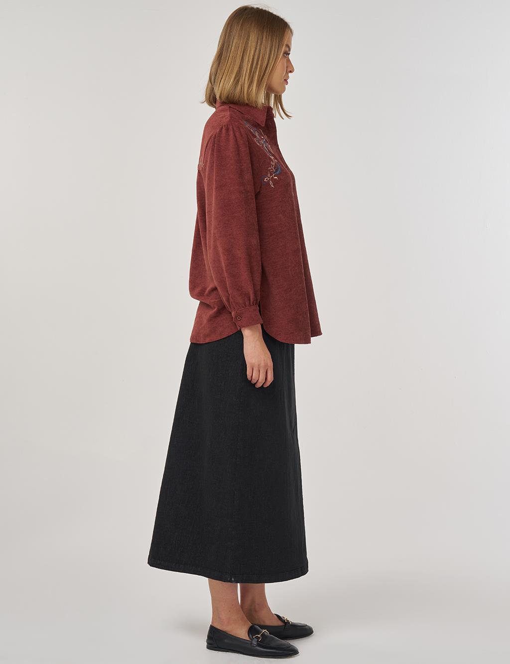 Embroidered Velvet Blouse Dark Brown