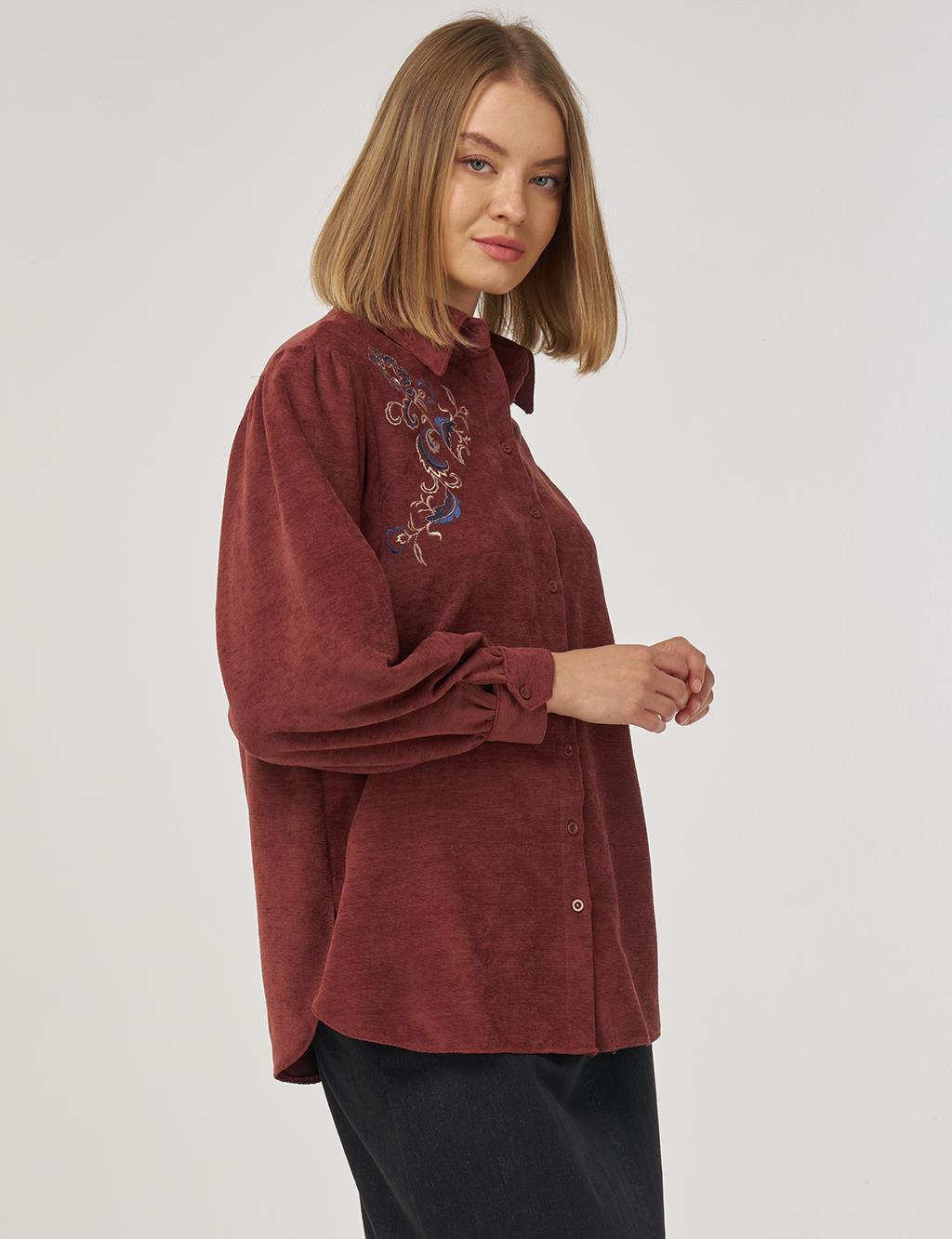 Embroidered Velvet Blouse Dark Brown