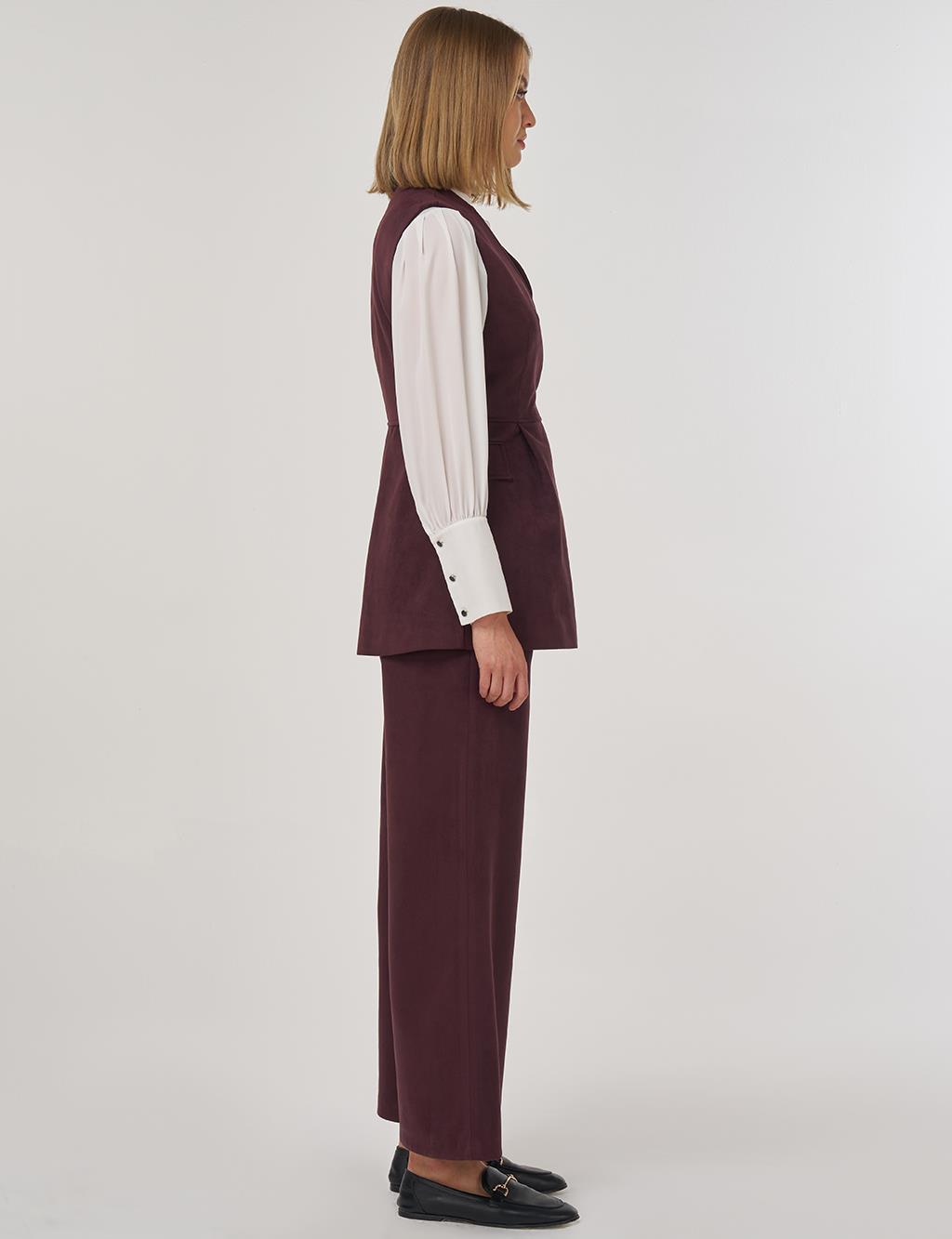 Buckle Detailed Suede Two-Piece Suit Dark Burgundy