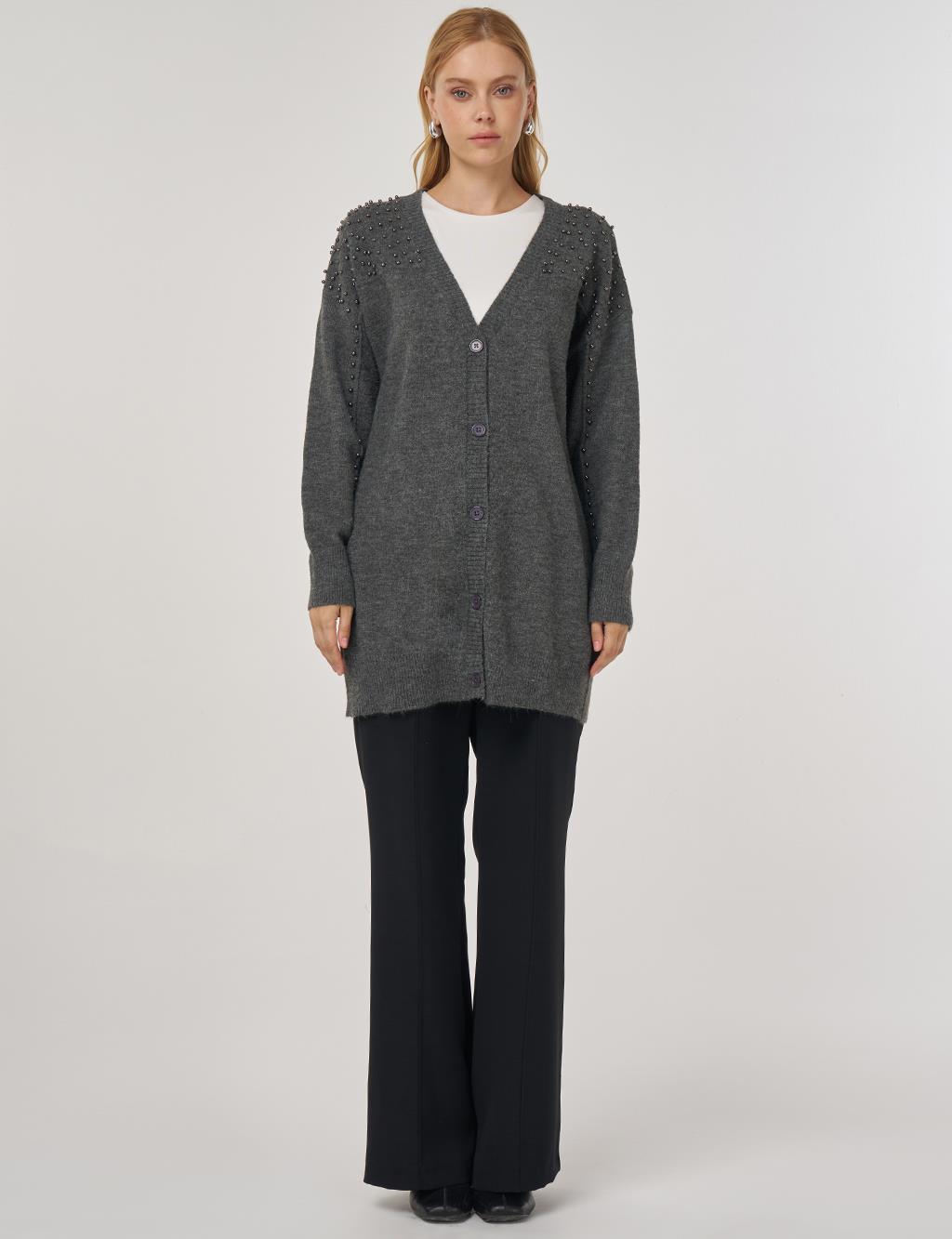 Bead-Embellished Knit Cardigan Anthracite