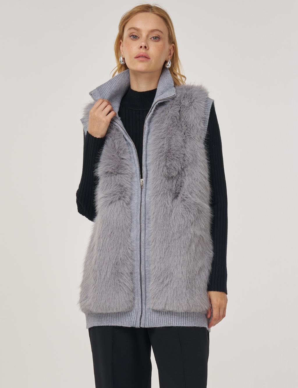 Fur-Trim Knit Vest Gray