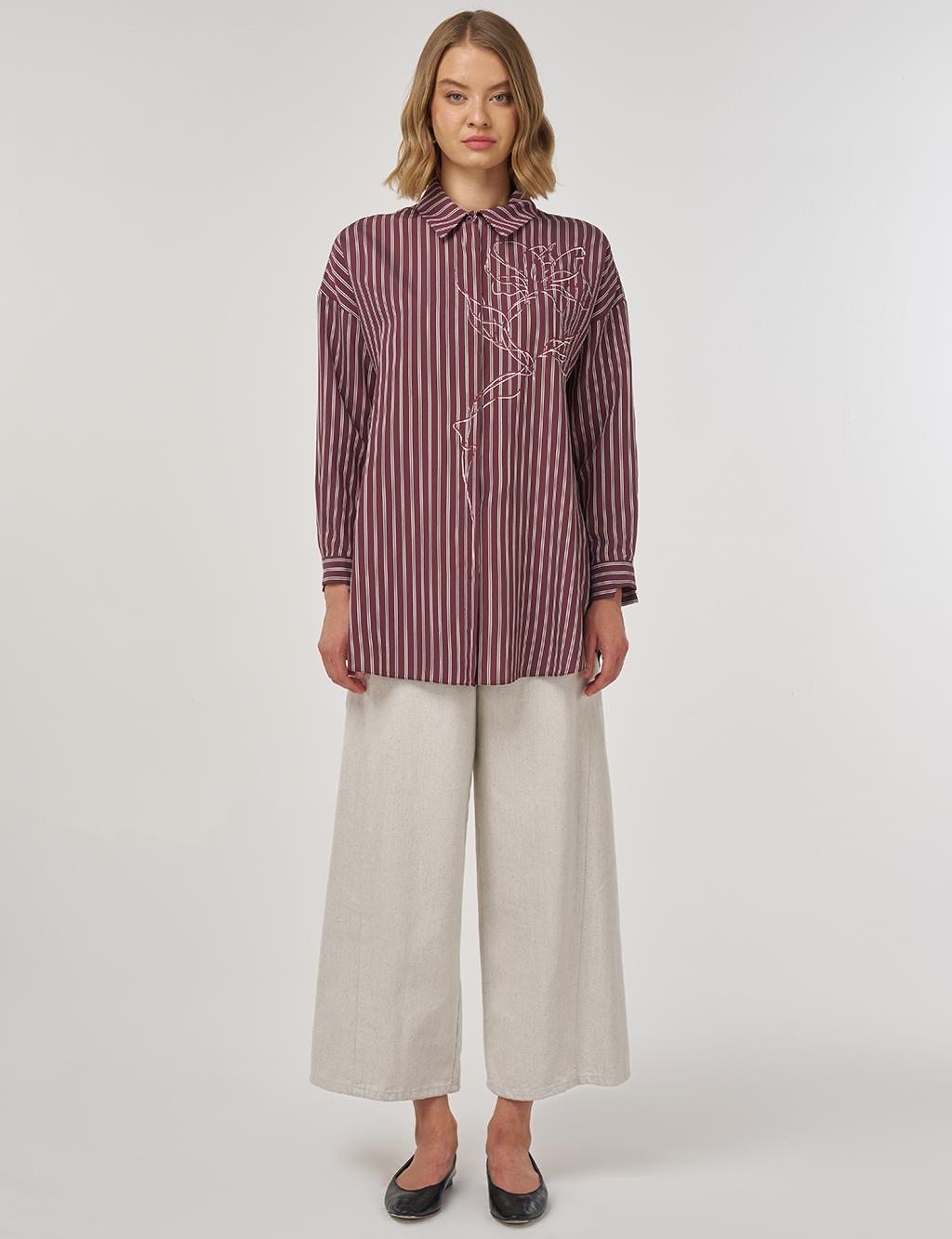 Çizgi Desen Viskon Tunik Koyu Bordo