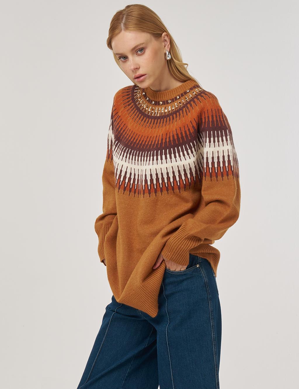 Stone Detailed Knit Tunic Cinnamon