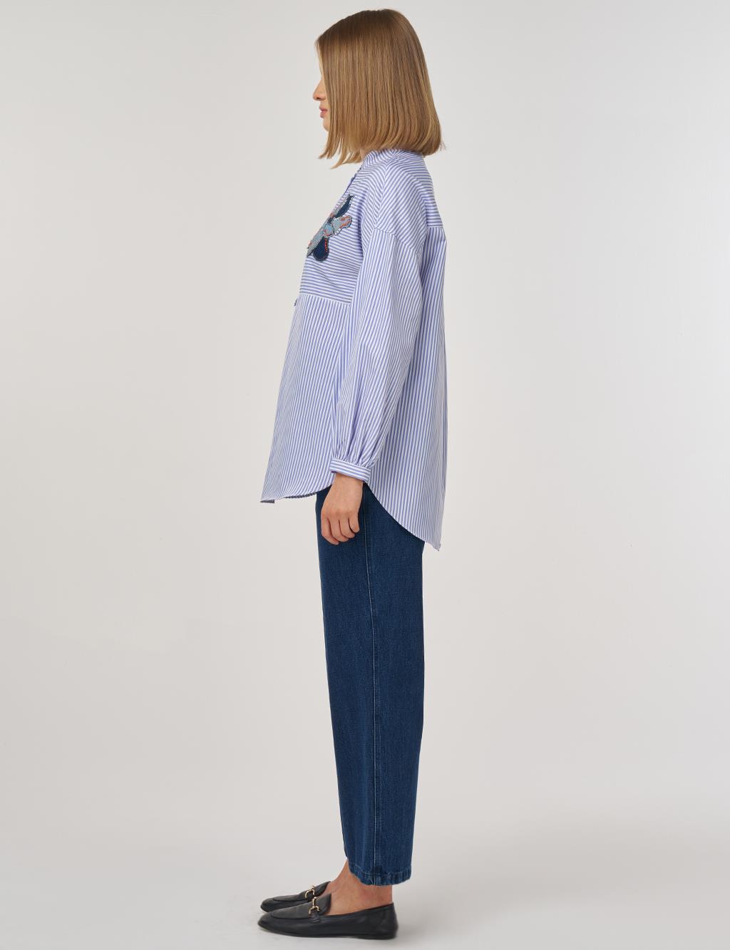 Embroidered Appliqué Cotton Mandarin Collar Tunic Blue