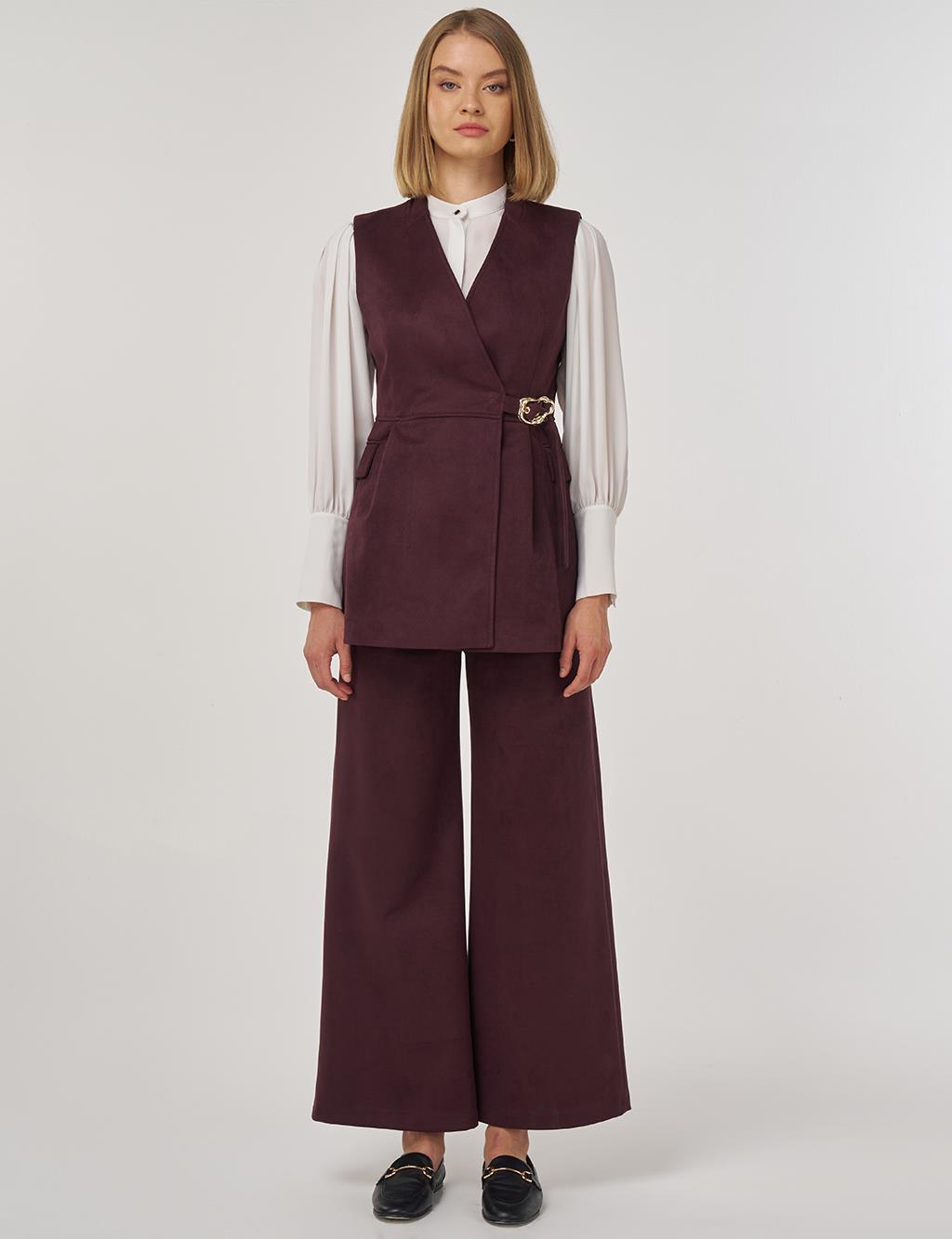 Buckle Detailed Suede Two-Piece Suit Dark Burgundy