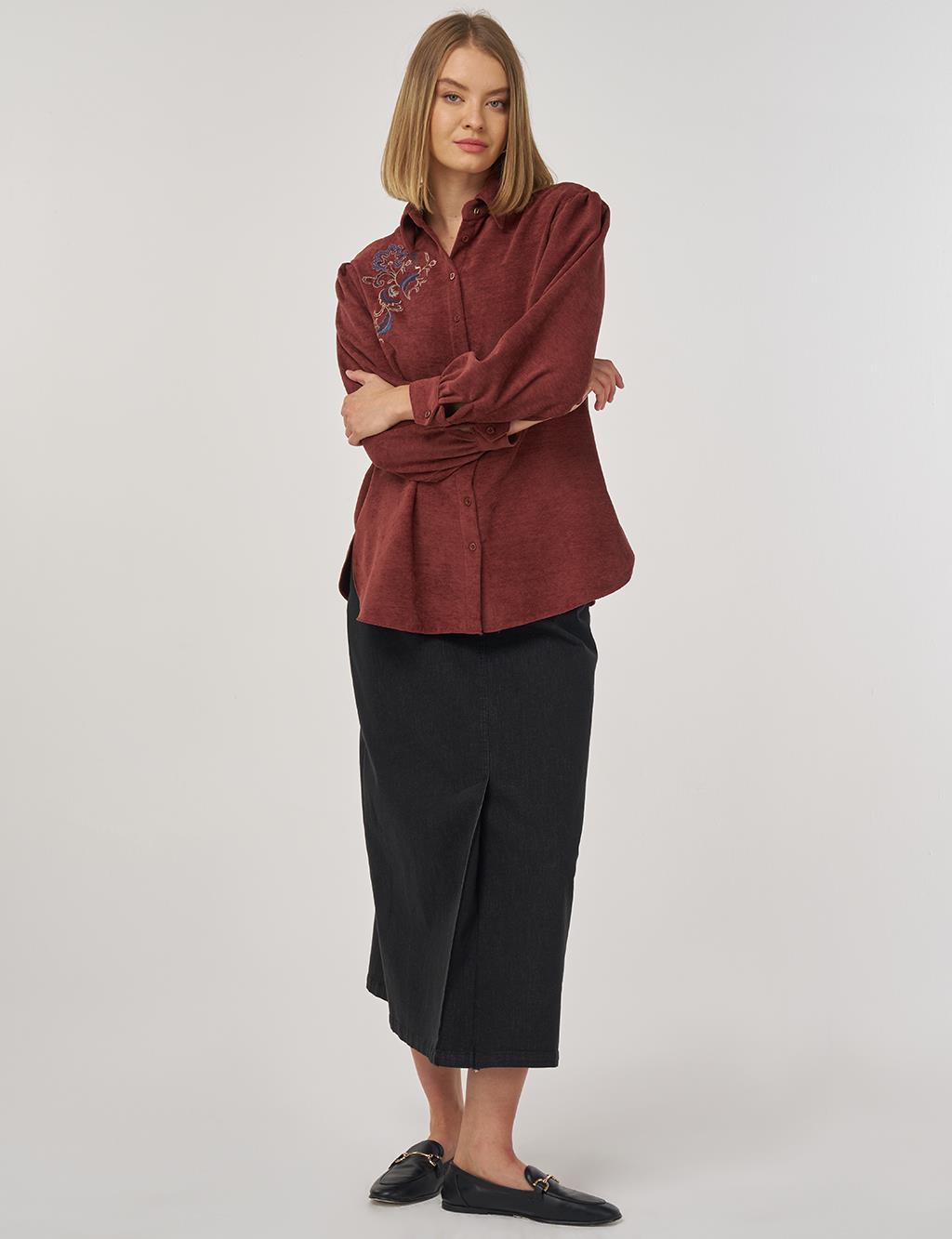 Embroidered Velvet Blouse Dark Brown
