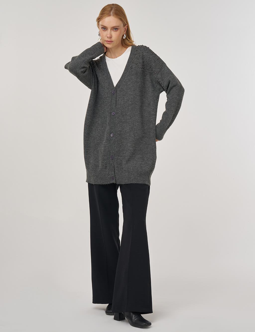 Bead-Embellished Knit Cardigan Anthracite