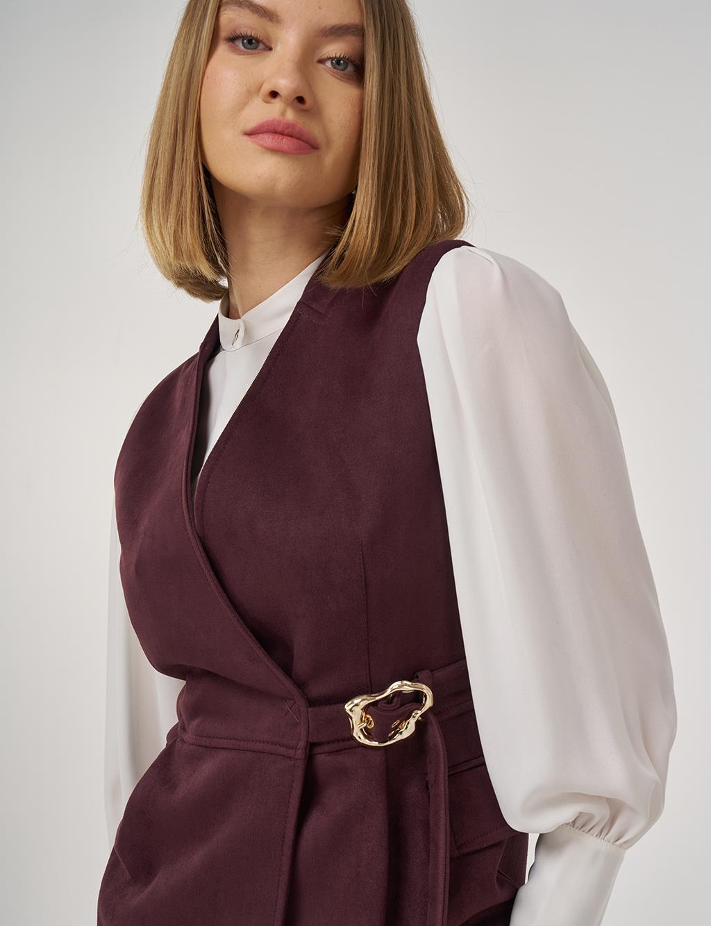 Buckle Detailed Suede Two-Piece Suit Dark Burgundy