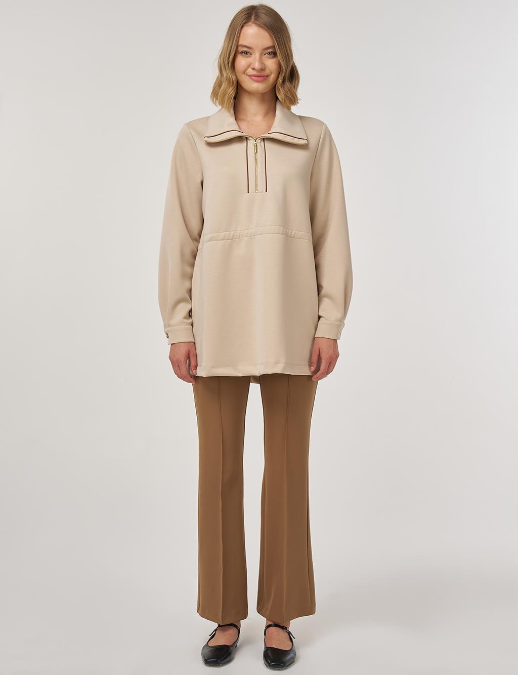 Bel Büzgülü Scuba Sweatshirt Açık Bej