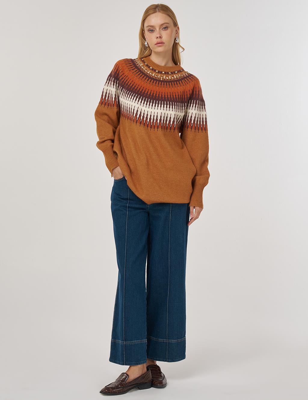 Stone Detailed Knit Tunic Cinnamon