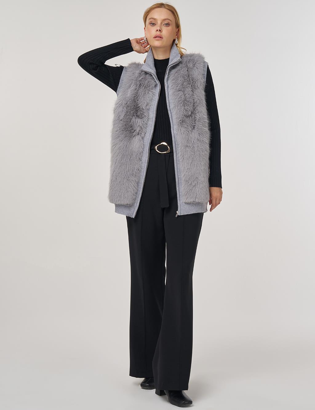 Fur-Trim Knit Vest Gray