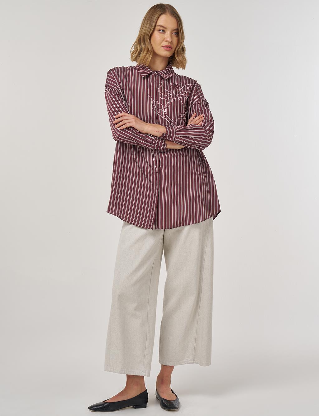 Çizgi Desen Viskon Tunik Koyu Bordo