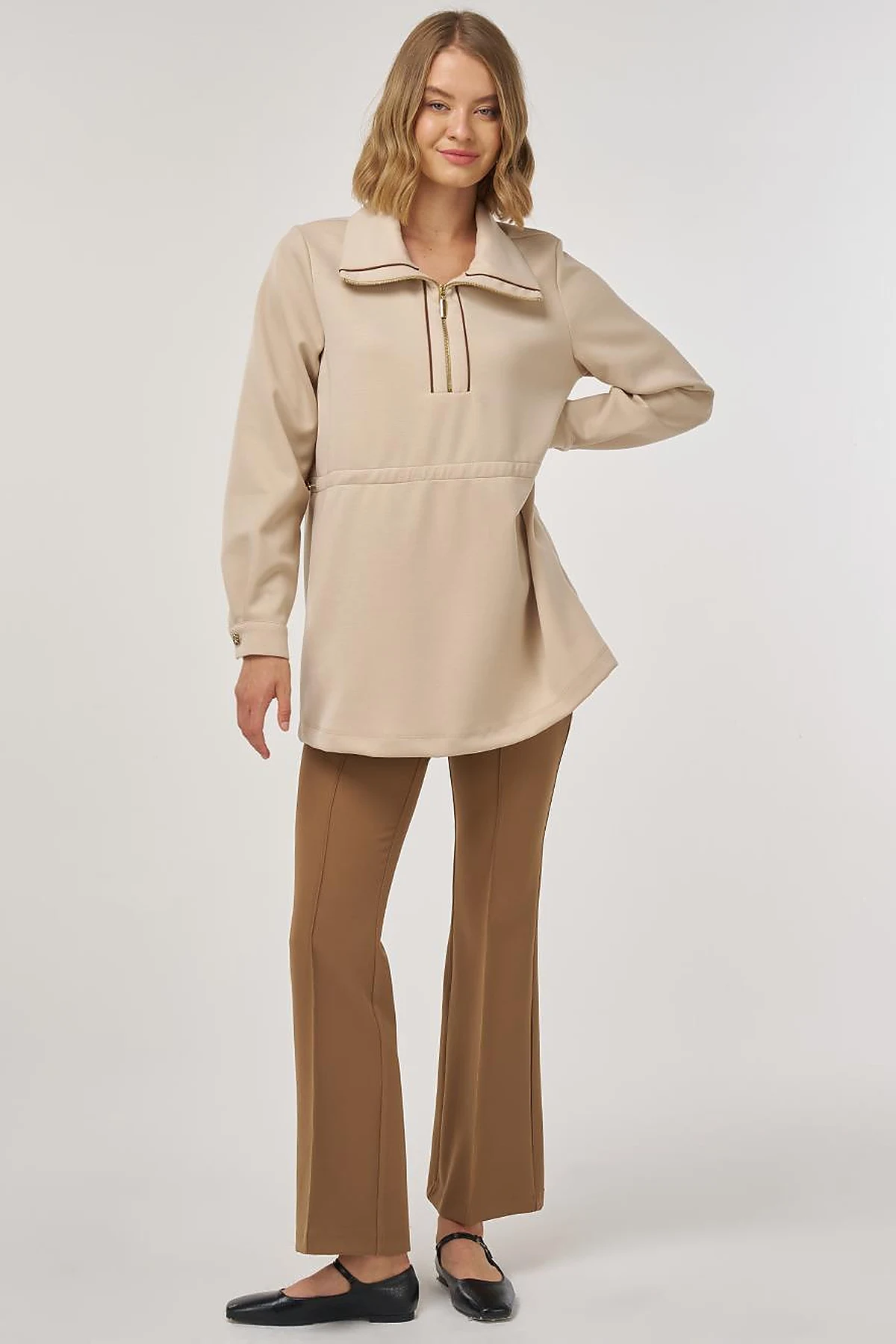 Drawstring Waist Scuba Sweatshirt Light Beige