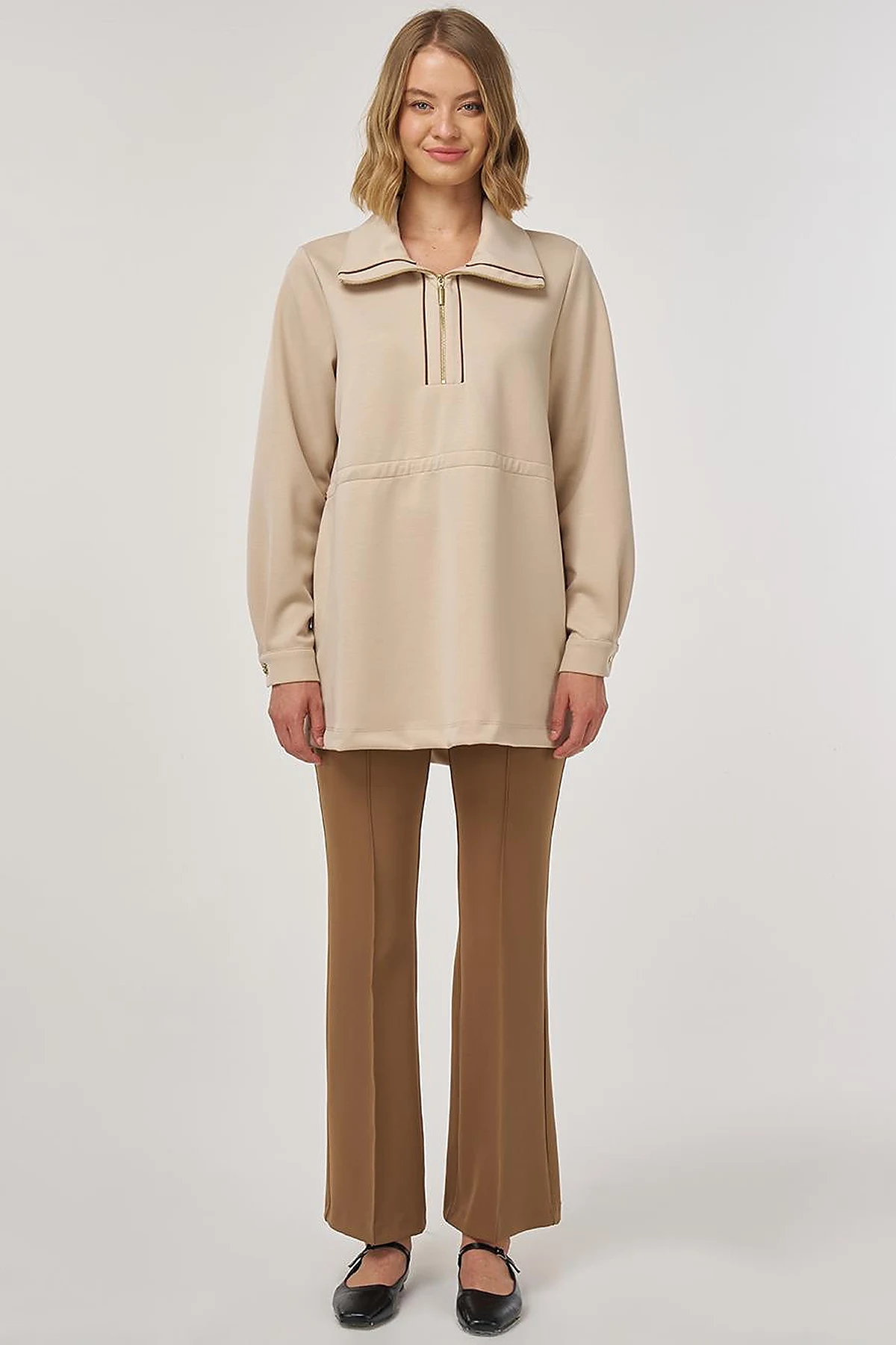 Drawstring Waist Scuba Sweatshirt Light Beige
