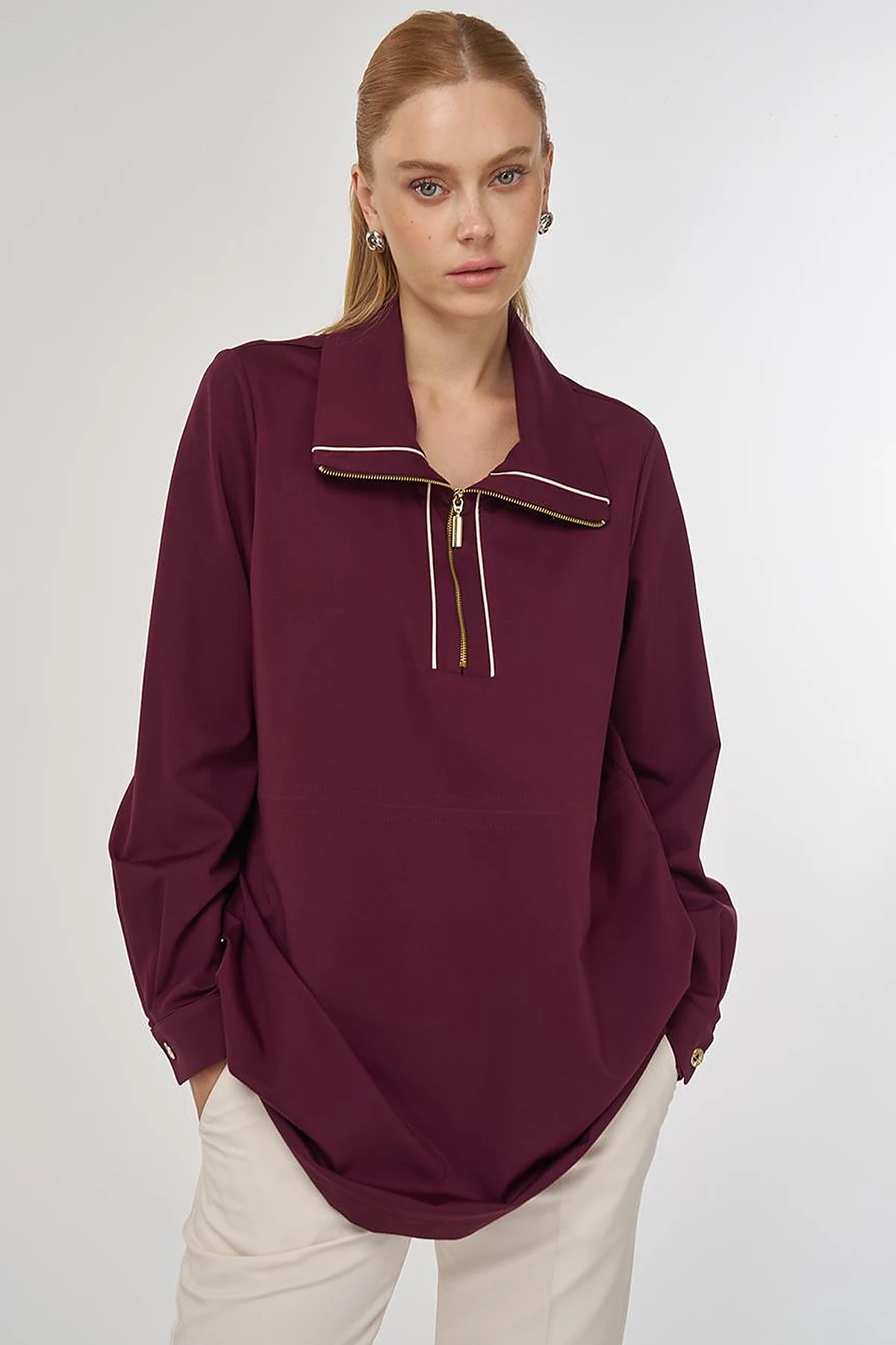Drawstring Waist Scuba Sweatshirt Dark Burgundy