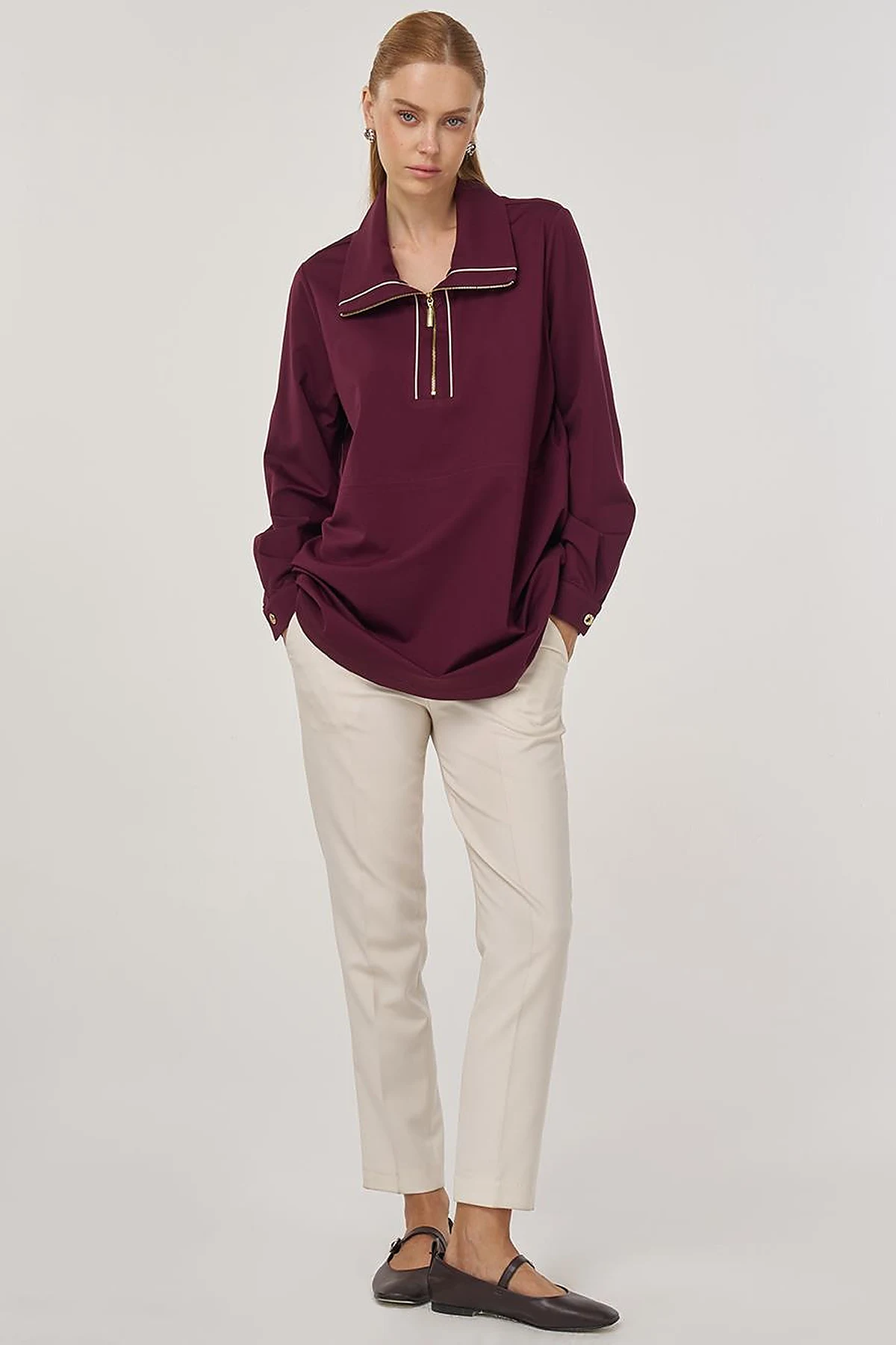 Drawstring Waist Scuba Sweatshirt Dark Burgundy