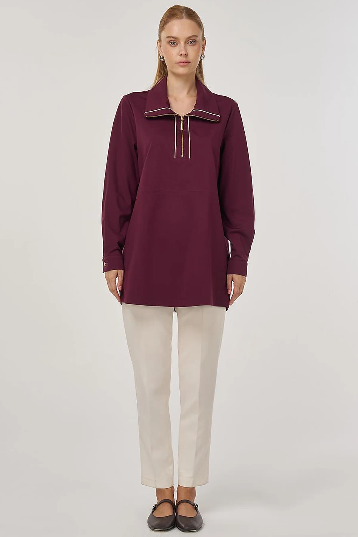 Drawstring Waist Scuba Sweatshirt Dark Burgundy