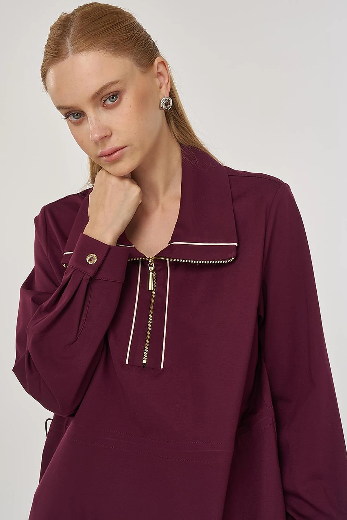 Drawstring Waist Scuba Sweatshirt Dark Burgundy