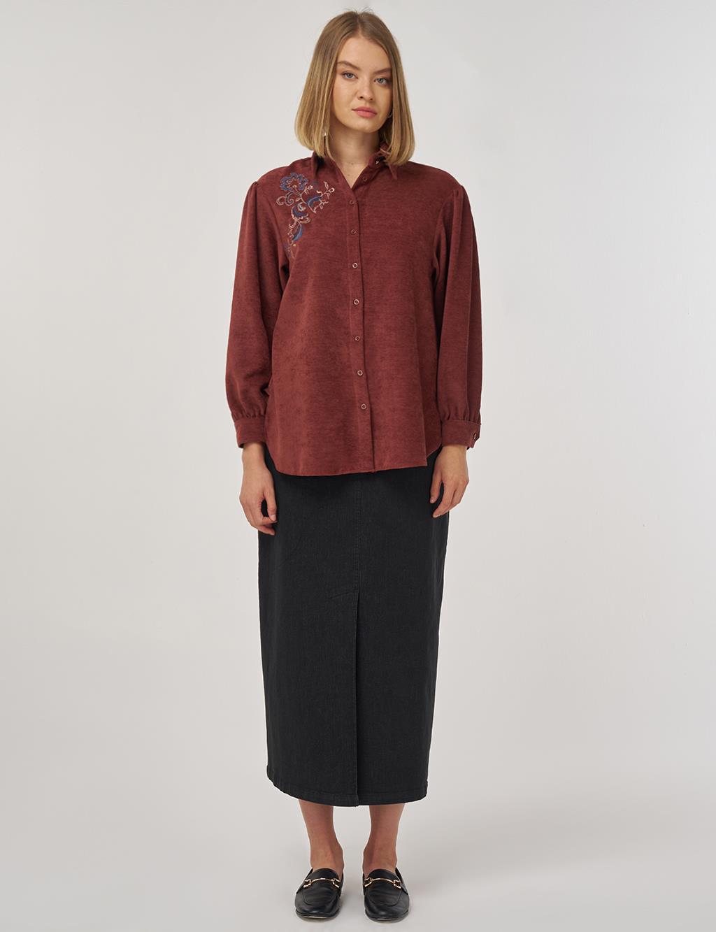 Embroidered Velvet Blouse Dark Brown