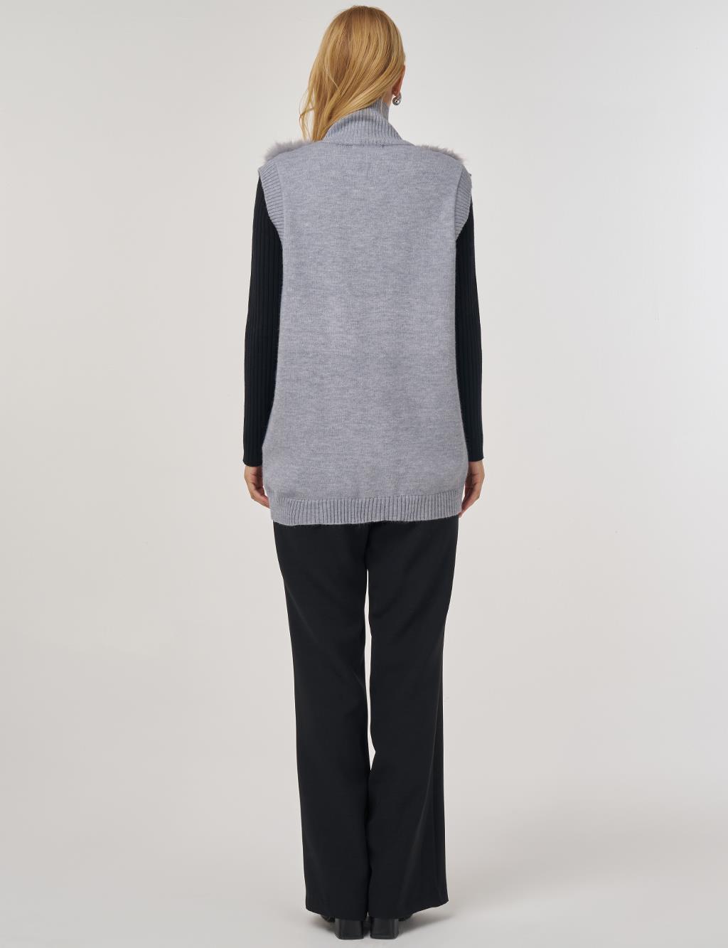 Fur-Trim Knit Vest Gray