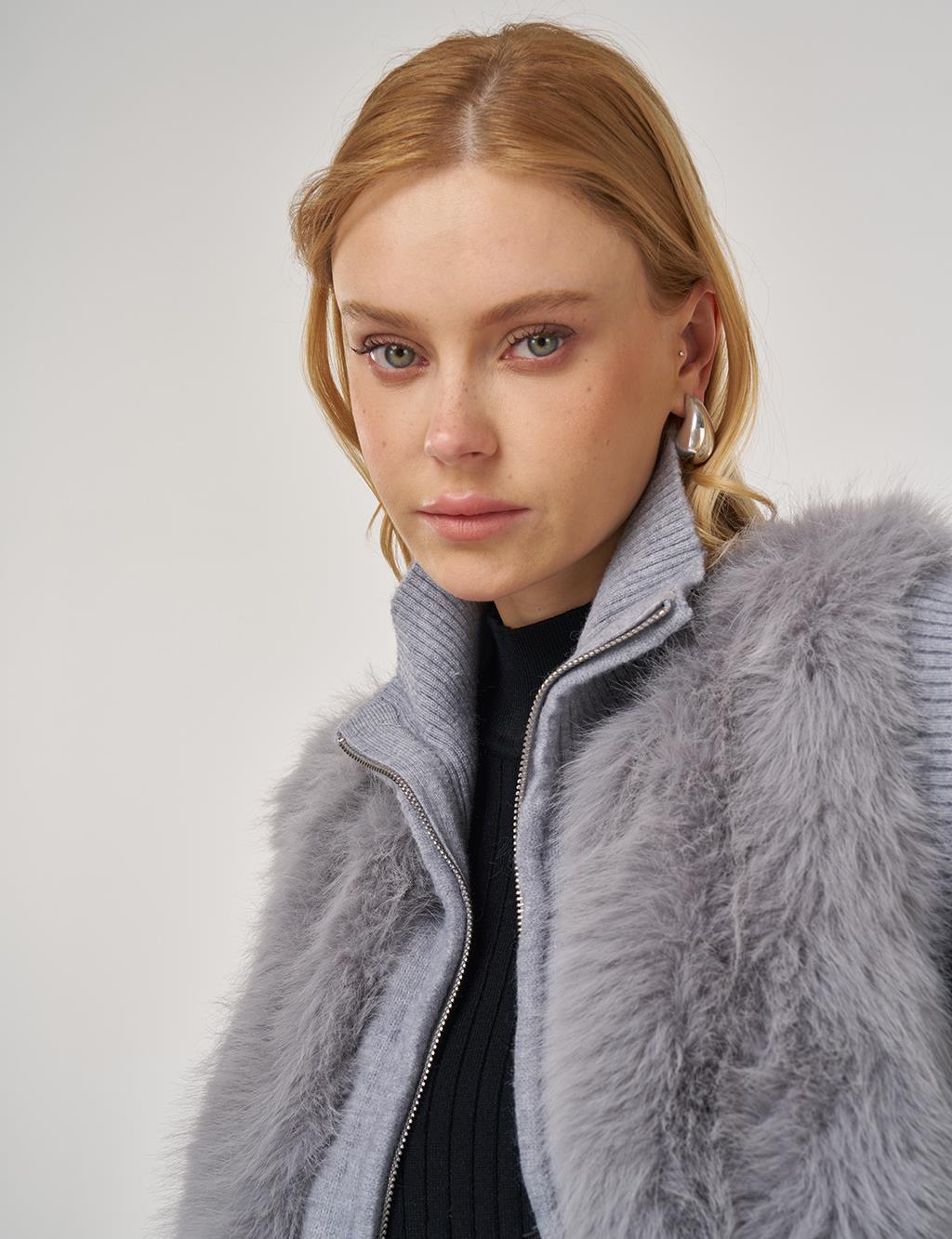 Fur-Trim Knit Vest Gray