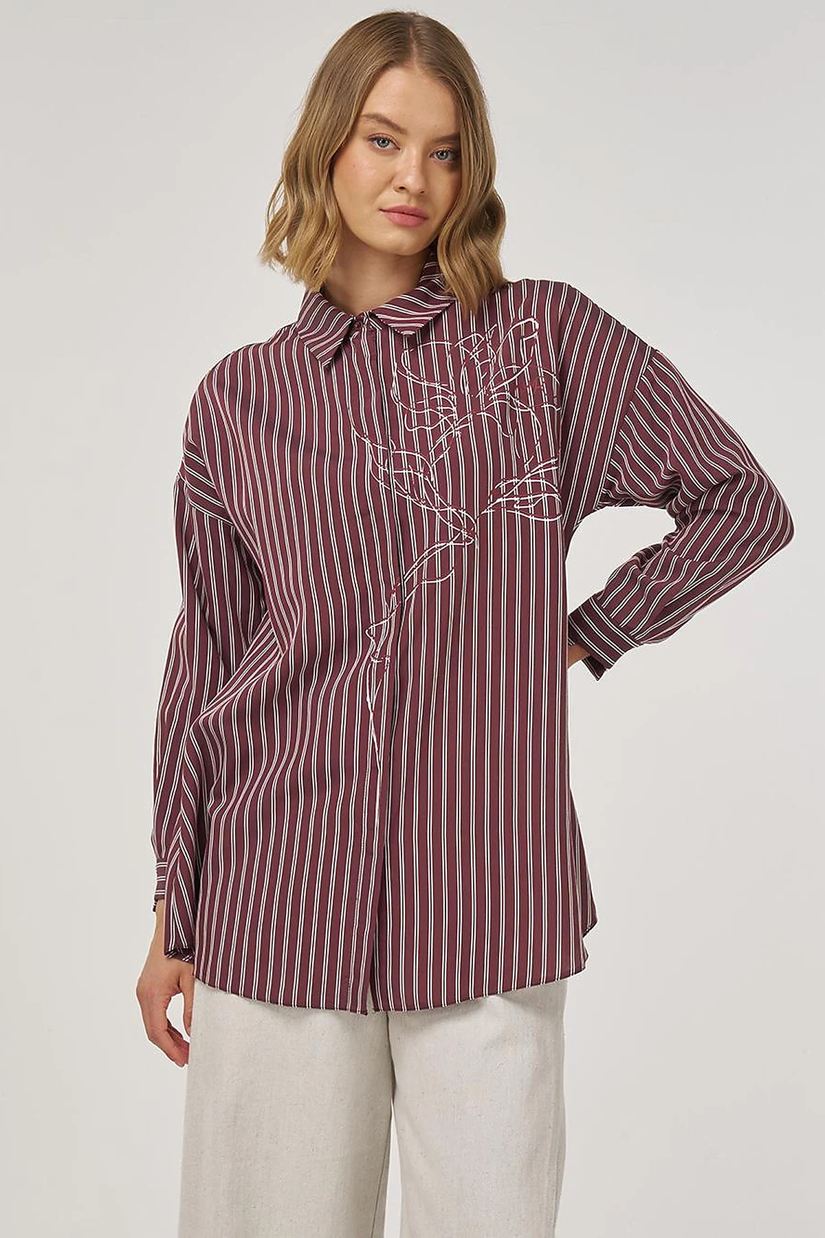 Striped Viscose Tunic Dark Burgundy