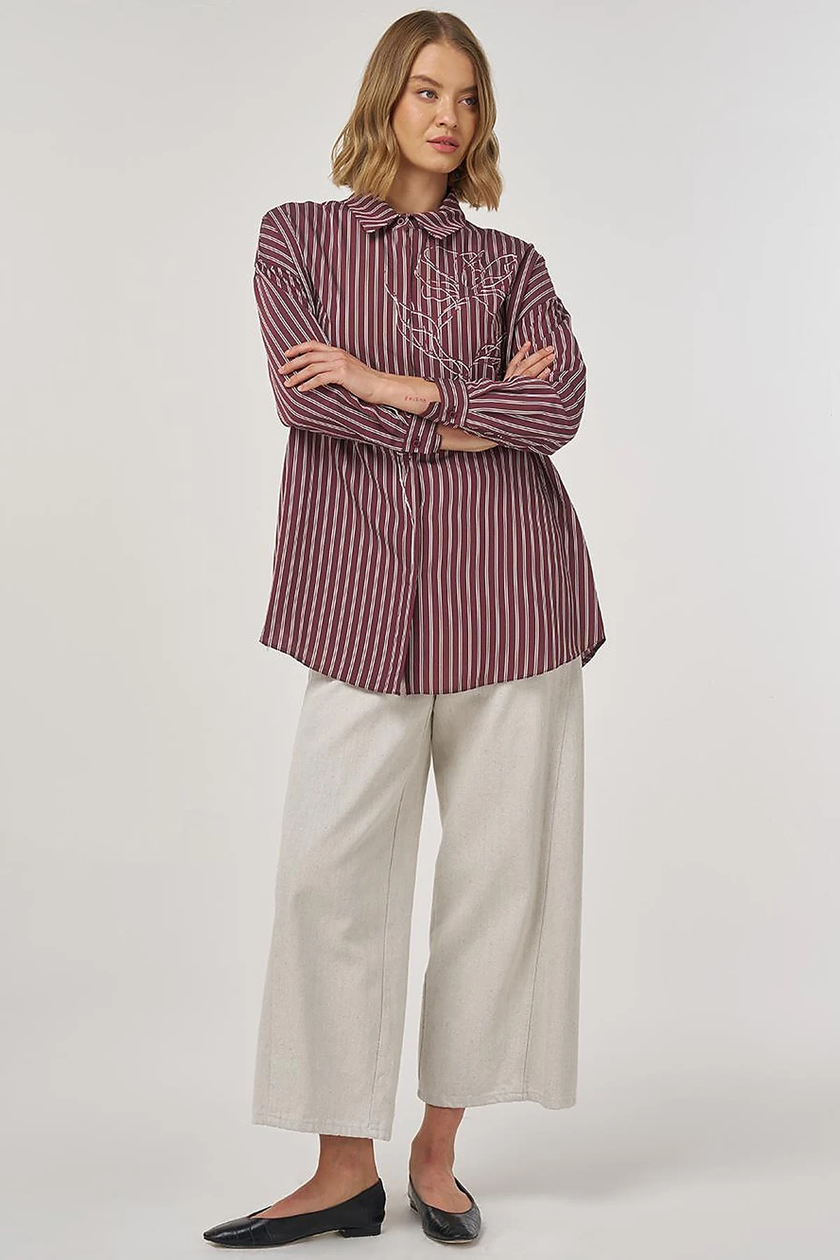 Striped Viscose Tunic Dark Burgundy