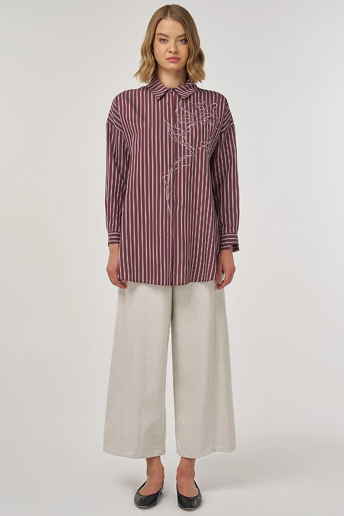 Striped Viscose Tunic Dark Burgundy