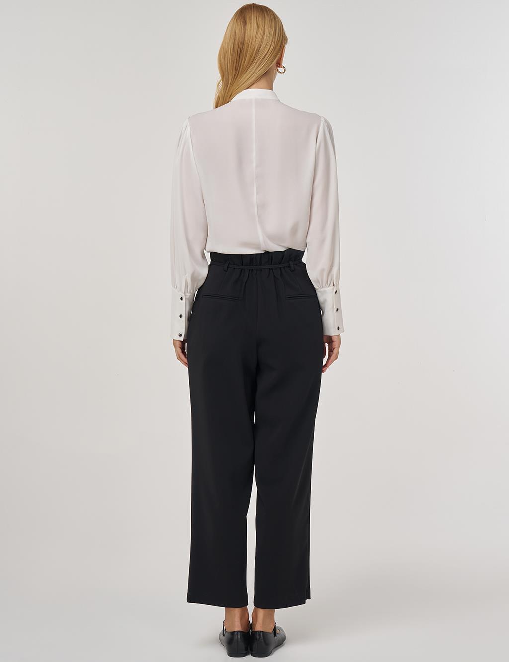 Pileli Bağcık Kemerli Boru Paça Pantolon Siyah