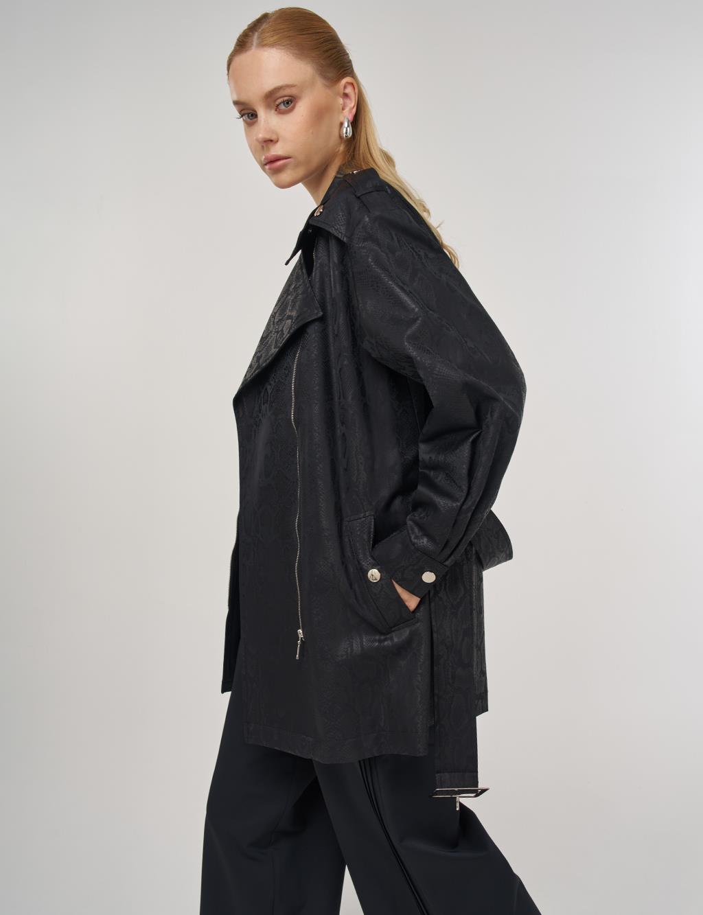 Snake Print Buckle Detail Jacket Black