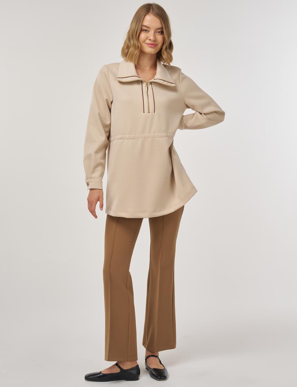 Bel Büzgülü Scuba Sweatshirt Açık Bej