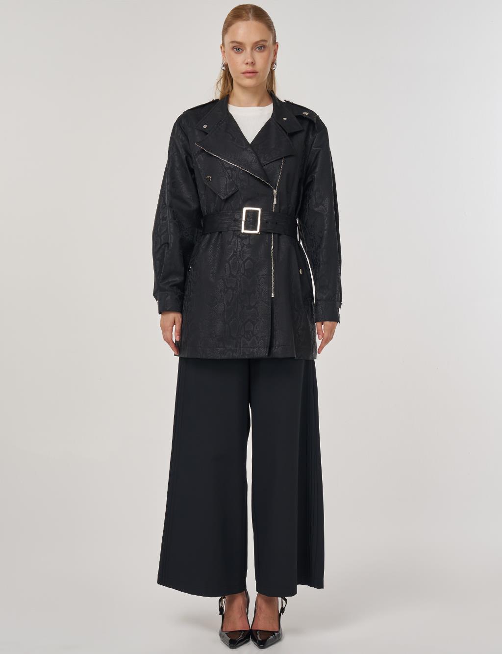 Snake Print Buckle Detail Jacket Black