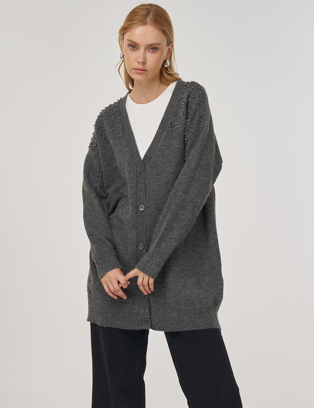 Bead-Embellished Knit Cardigan Anthracite