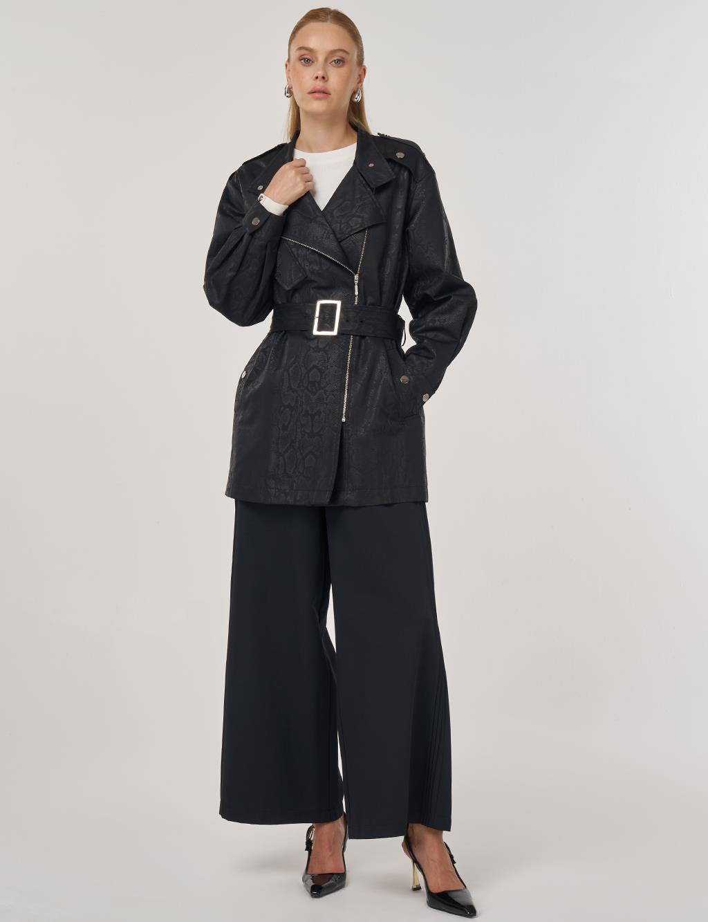 Snake Print Buckle Detail Jacket Black