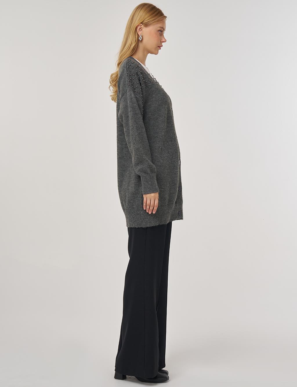 Bead-Embellished Knit Cardigan Anthracite