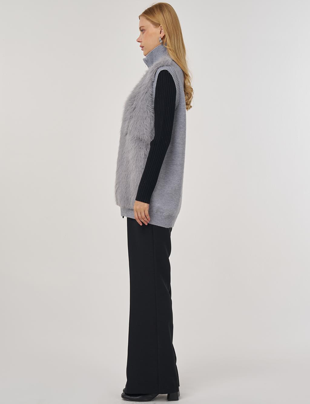 Fur-Trim Knit Vest Gray